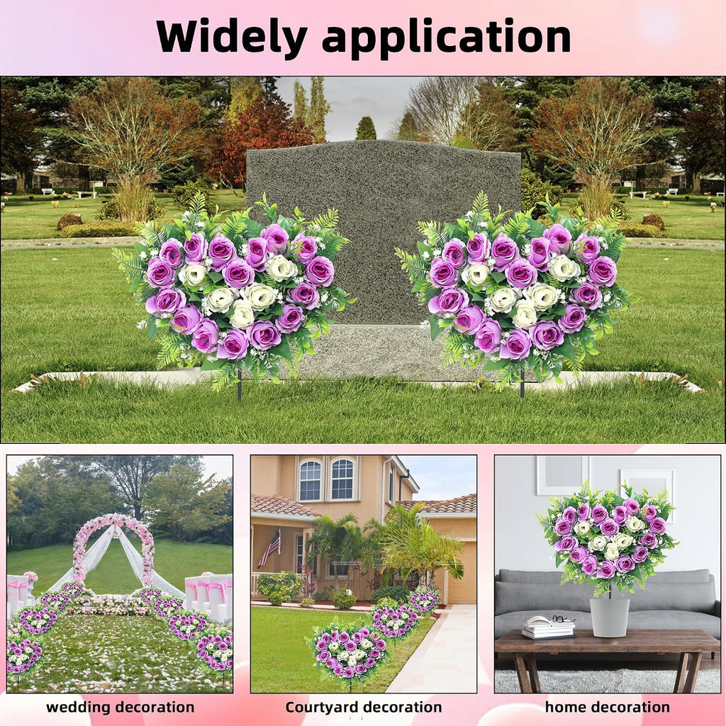 2 Sets Artificial Cemetery Flowers, Grave Memorial Flowers with Ground Spike,Heart Shaped Wreaths Rose Flowers for