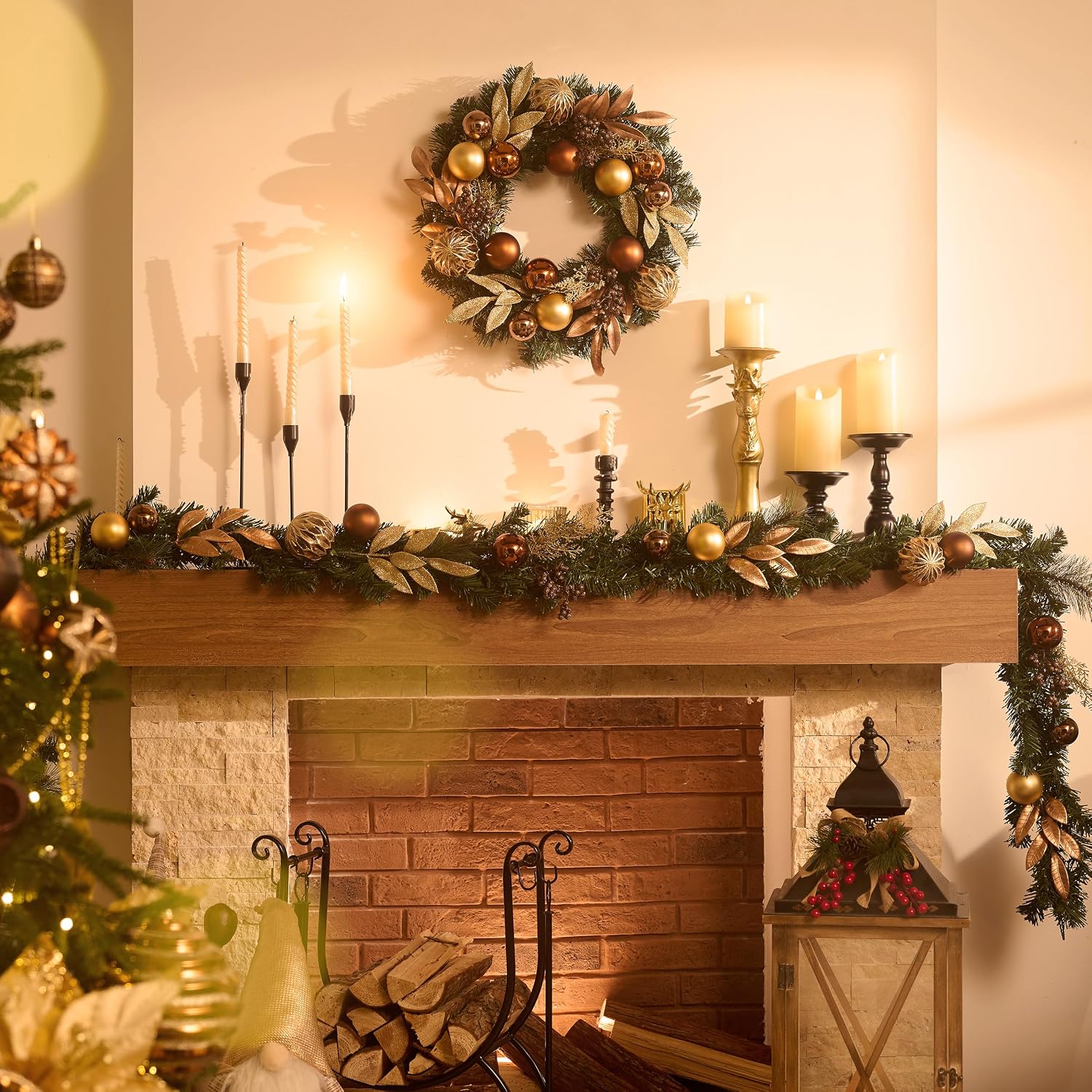 9 Ft Pre-Lit Christmas Garland with Lights for Mantle, Lighted Outdoor Xmas Garland with Copper Gold Balls Norfolk