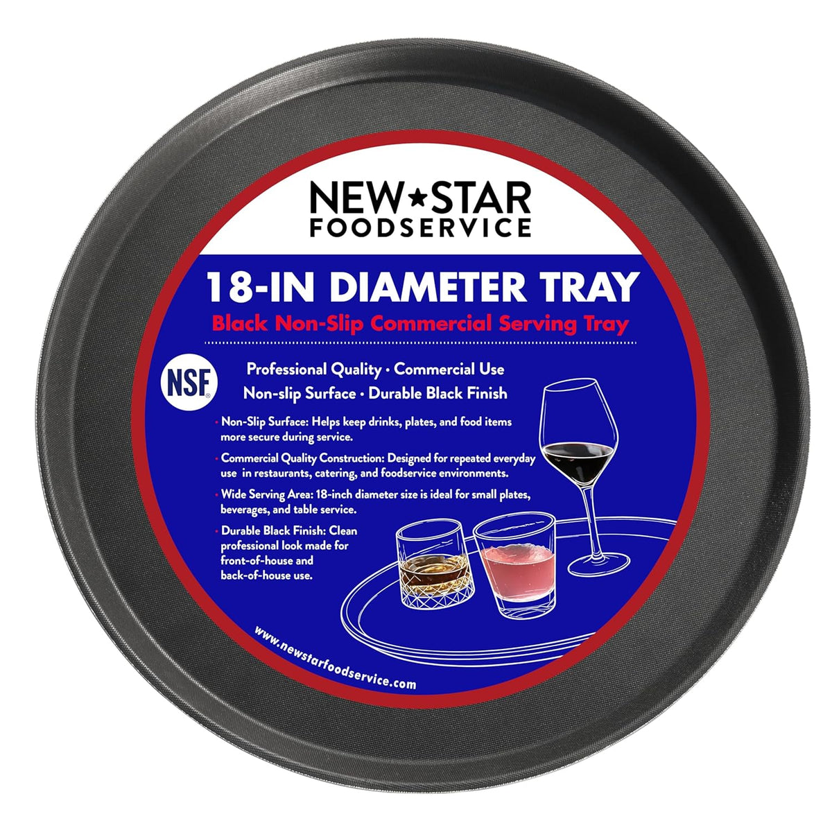 Non-Slip Serving Tray, 18 Inch Round Black Plastic