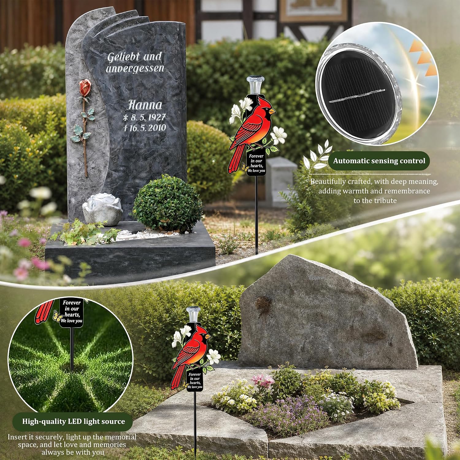 Solar Cardinal Memorial Garden Stake Light, Waterproof Red Bird Cemetery Grave Marker with LED Solar Lamp, Forever in