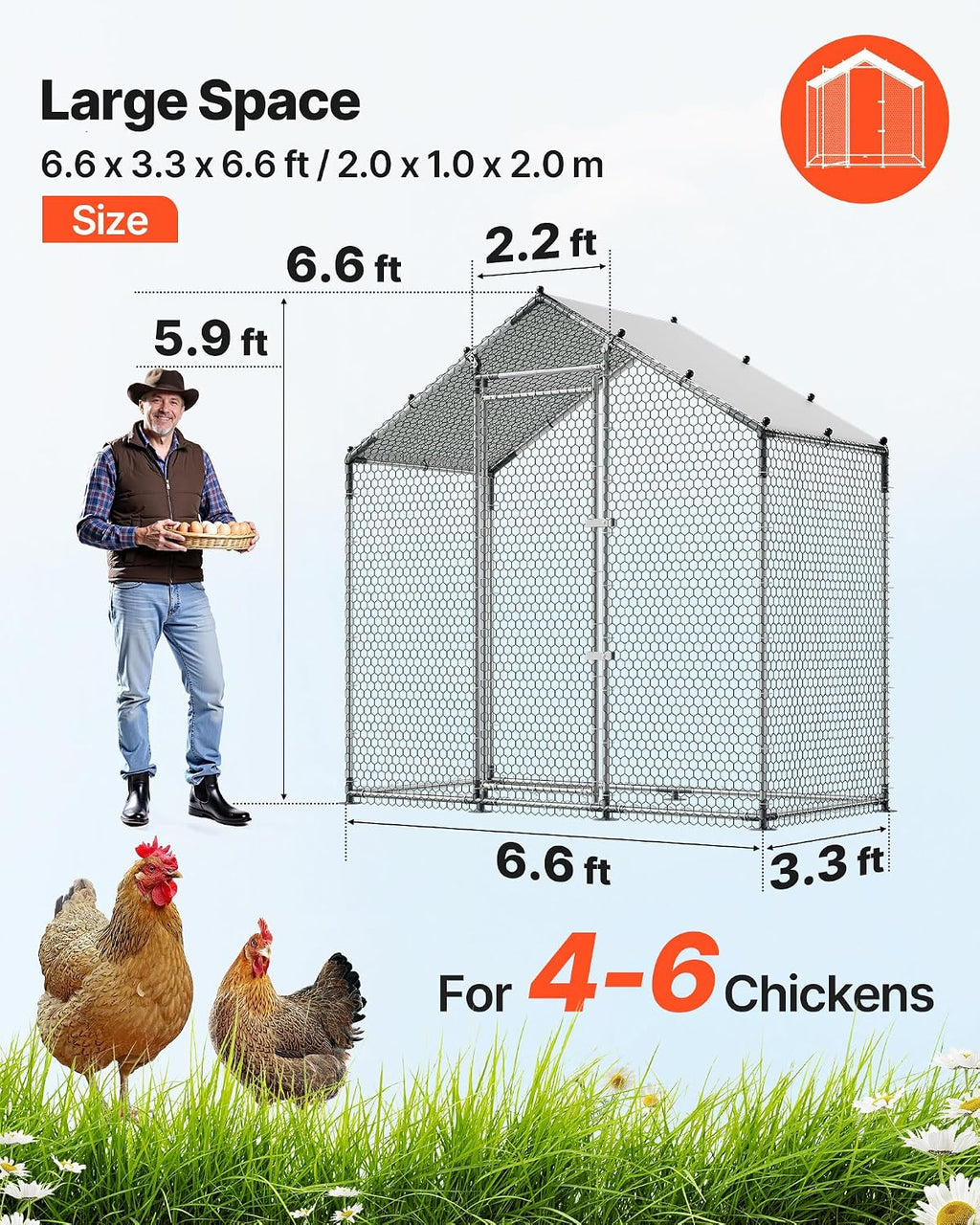 Large Metal Chicken Coop,6.6 x 3.3 x 6.6 ft, Walk-in Chicken Run House with Waterproof Cover & Sturdy Frame, Spire