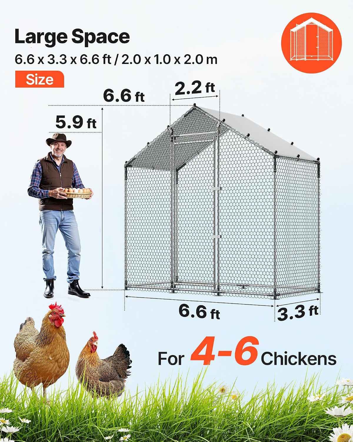 Large Metal Chicken Coop,6.6 x 3.3 x 6.6 ft, Walk-in Chicken Run House with Waterproof Cover & Sturdy Frame, Spire