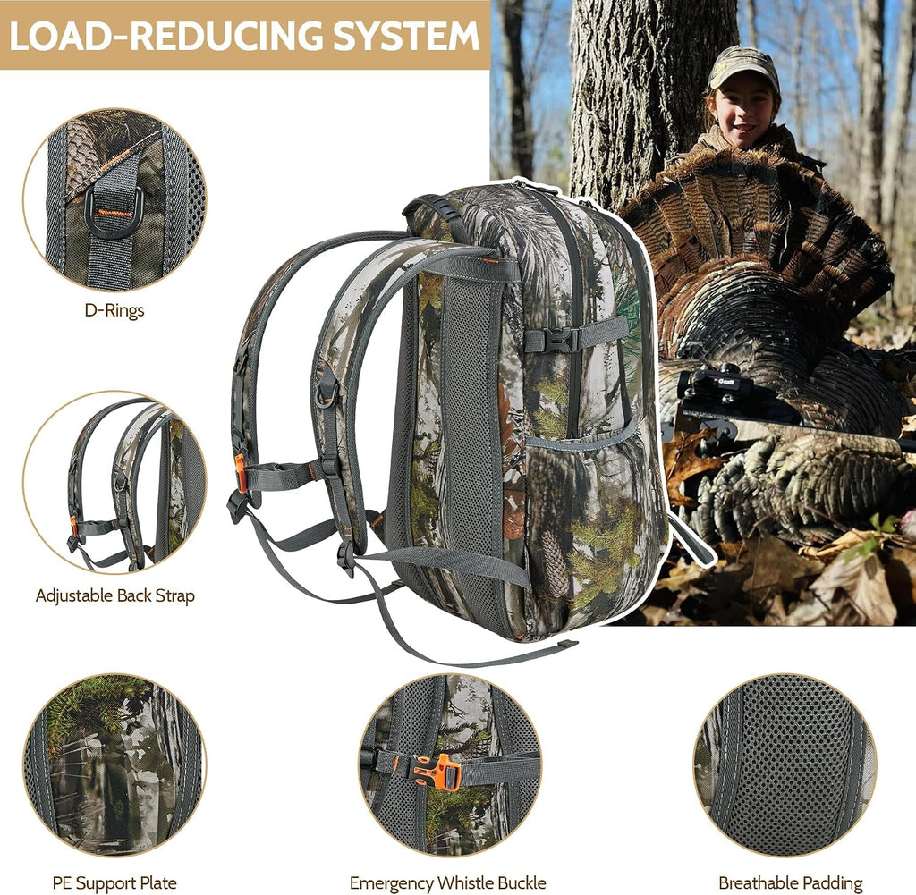 Kids Hunting Backpack 30L, Camo Day Pack for Youth Hunting, Hunting Gear for Boys Ages 7-14, Size 13x6.3x17.7 Inches