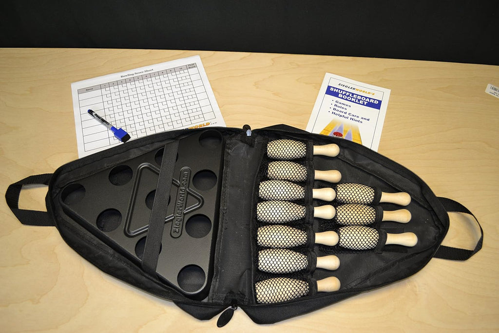 Table Shuffleboard Bowling Brown Pins - Pinsetter - Rules Booklet Scoring Chart & Storage Carrier Bag
