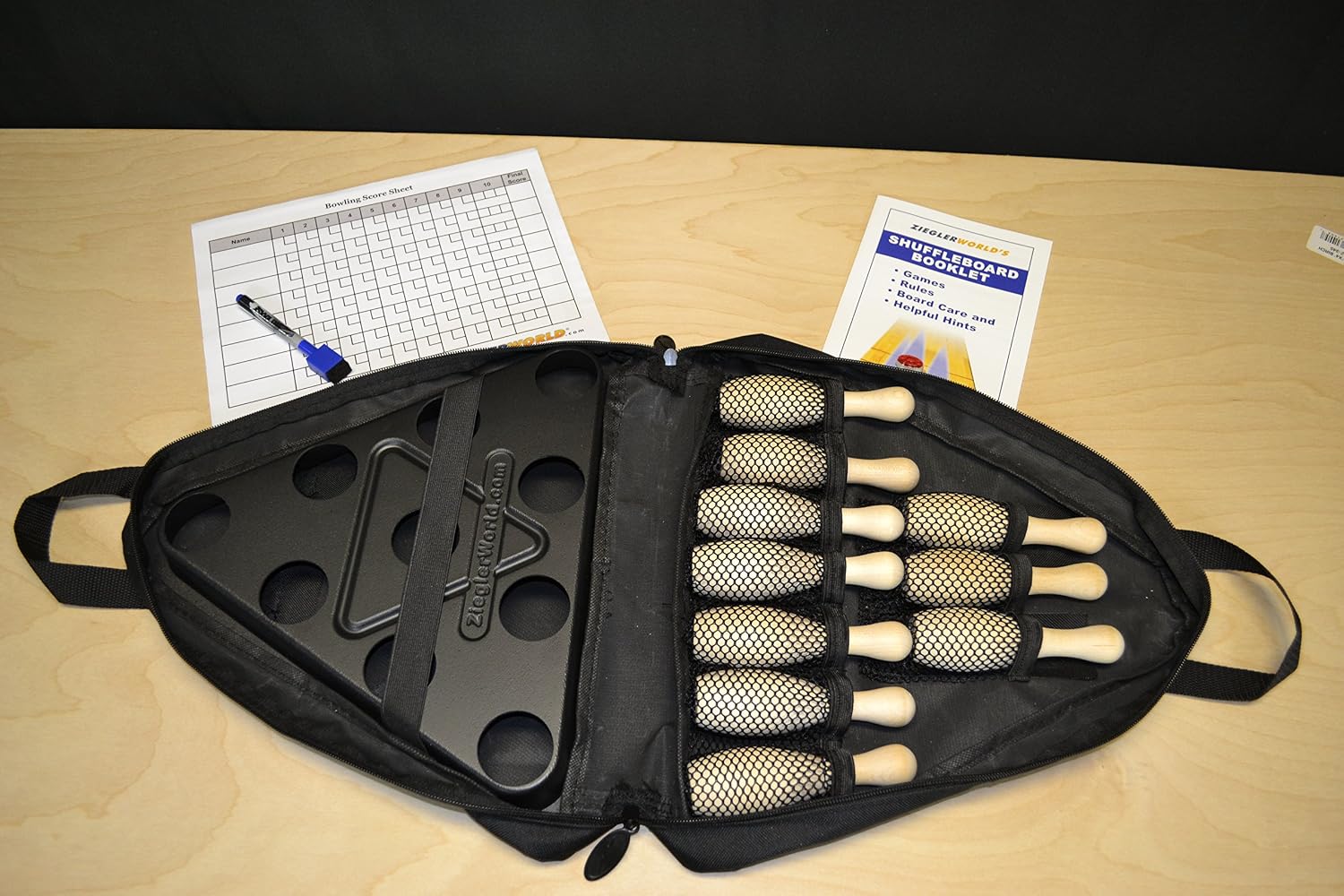 Table Shuffleboard Bowling Brown Pins - Pinsetter - Rules Booklet Scoring Chart & Storage Carrier Bag