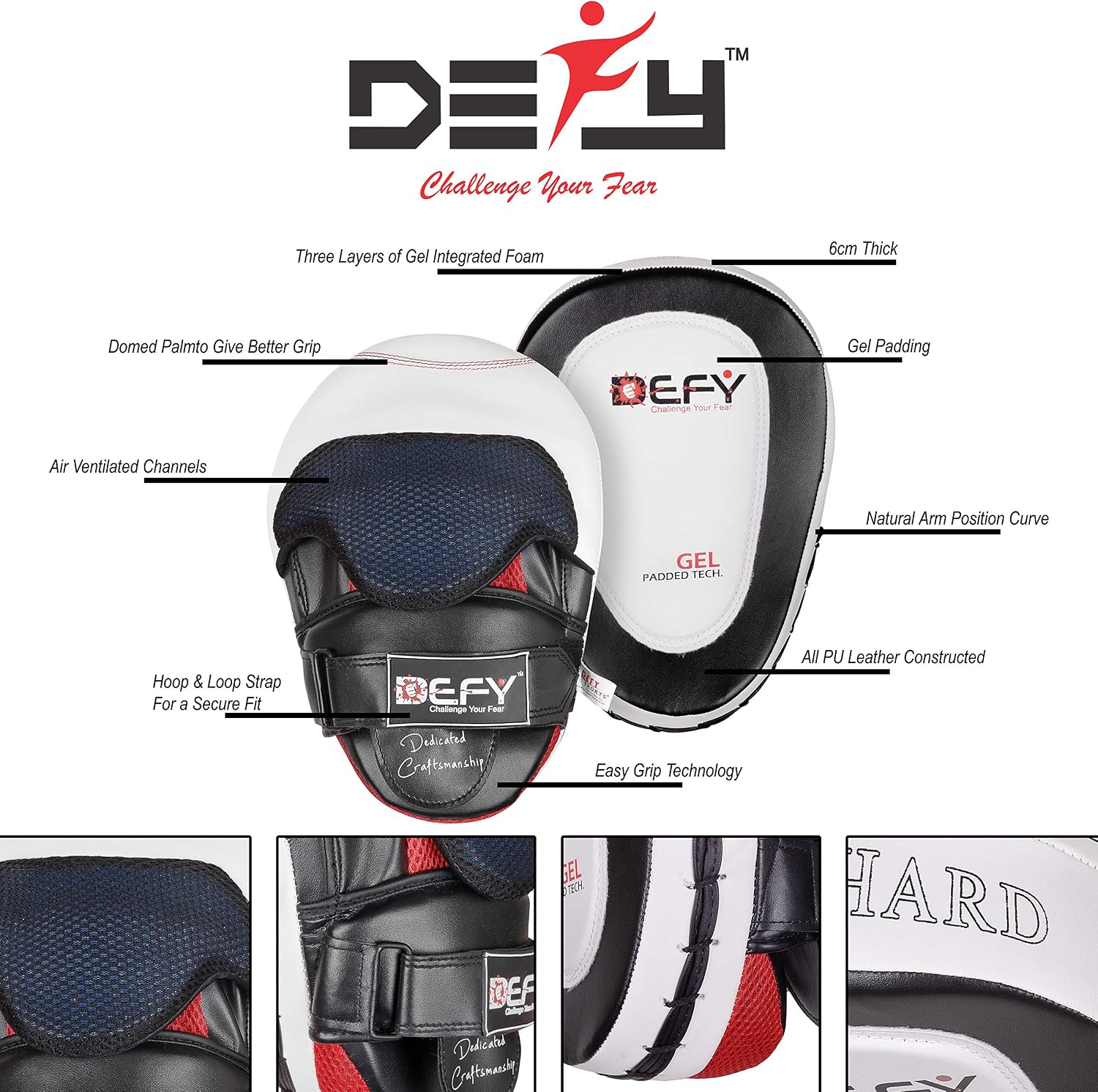 DEFY Gel Padded Punch Mitts Boxing Pads Focus Mitts Punching MMA Hook and Jab Curved Training Kickboxing, Striking