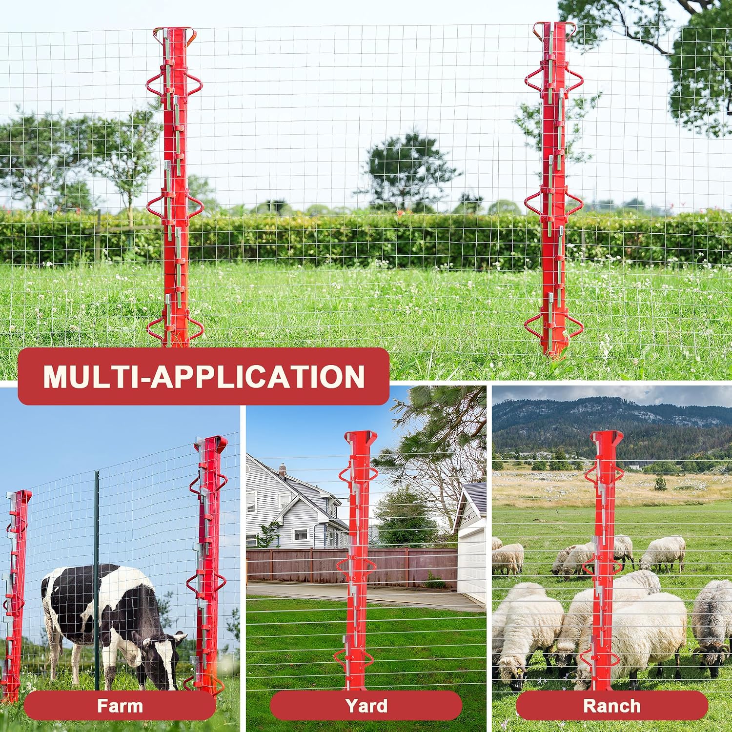 6ft Woven Wire Fence Stretcher Bar with 7 Wedges, Heavy-Duty Carbon Steel Fence Stretcher Tool Wire Puller, Red