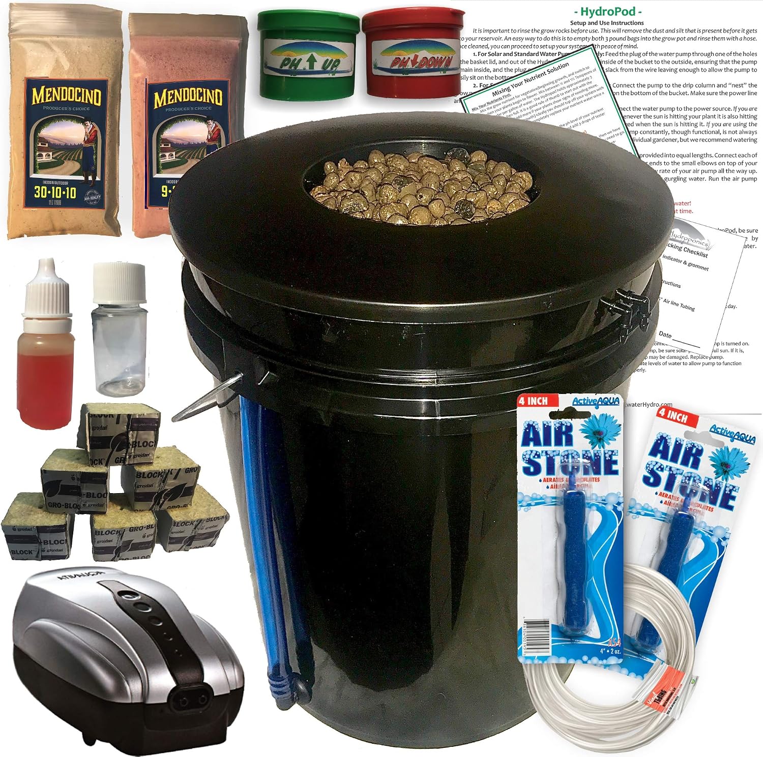 The Atwater HydroPod - DWC Deep Water Culture Garden System Kit - 5 Gallon Bubble Bucket - Bubbleponics - Nutrients &