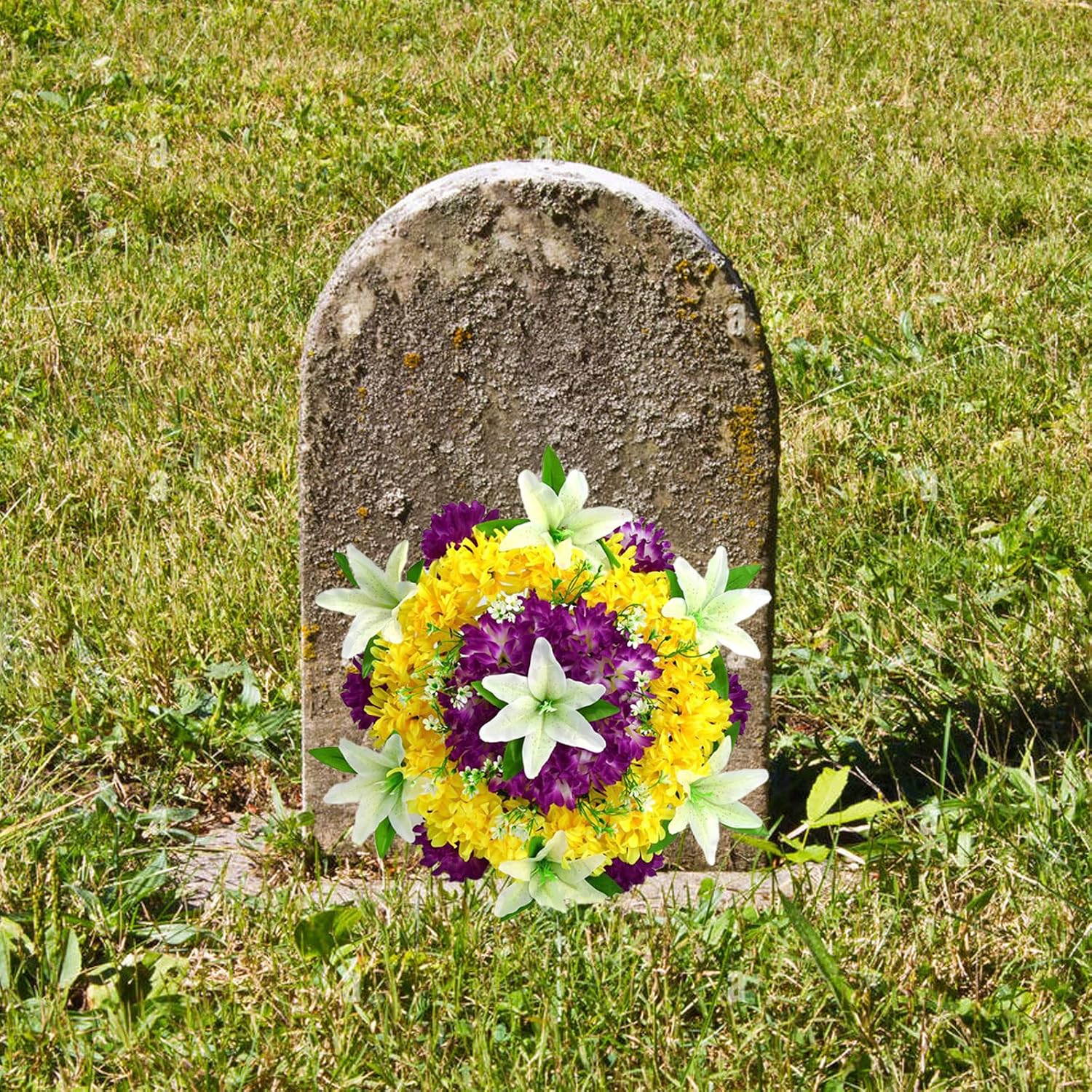 19.7In Artificial Cemetery Wreath, Artificial Funeral Wreath Silk Chrysanthemum Lilies Funeral Grave Wreaths, Spring