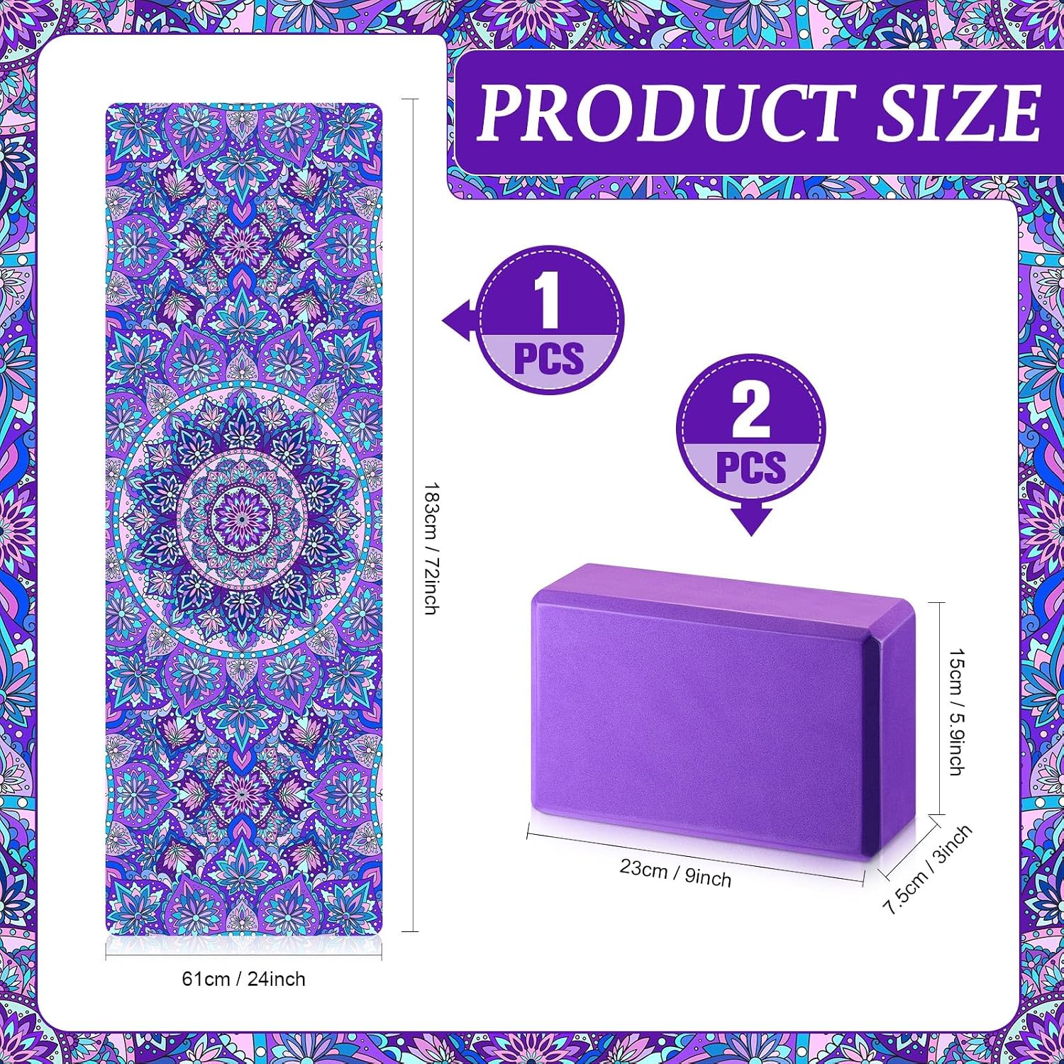 3 Pcs Yoga Mat Yoga Block 6 MM Thick Yogas Mat Non Slip with Carrying Strap Travel Mats for Exercise, Fitness