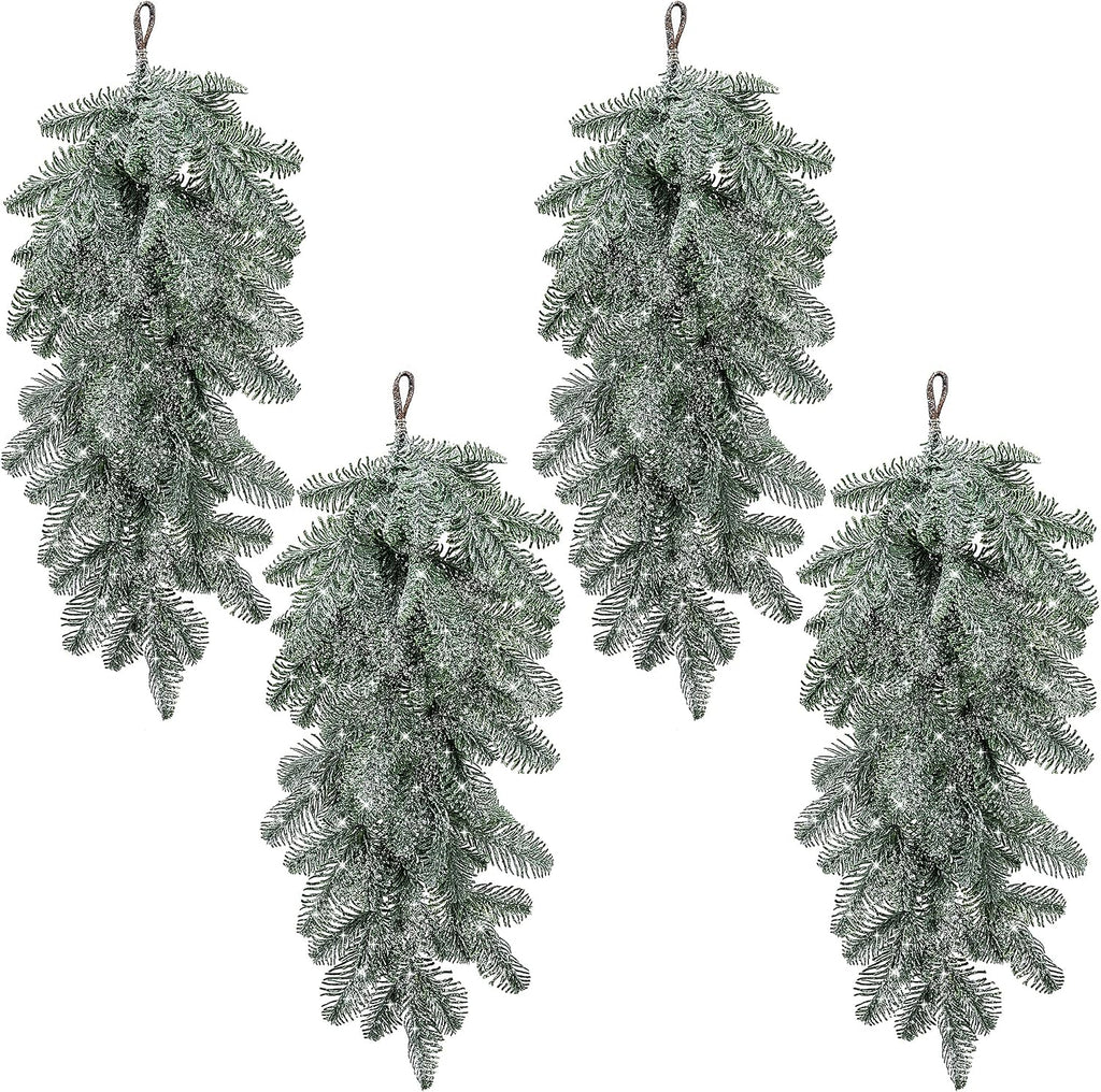 4 Pcs Artificial Christmas Snow Teardrop Swag, 23" Faux Snow Flocked Norfolk Pine Teardrop Door Swag, White Frosted