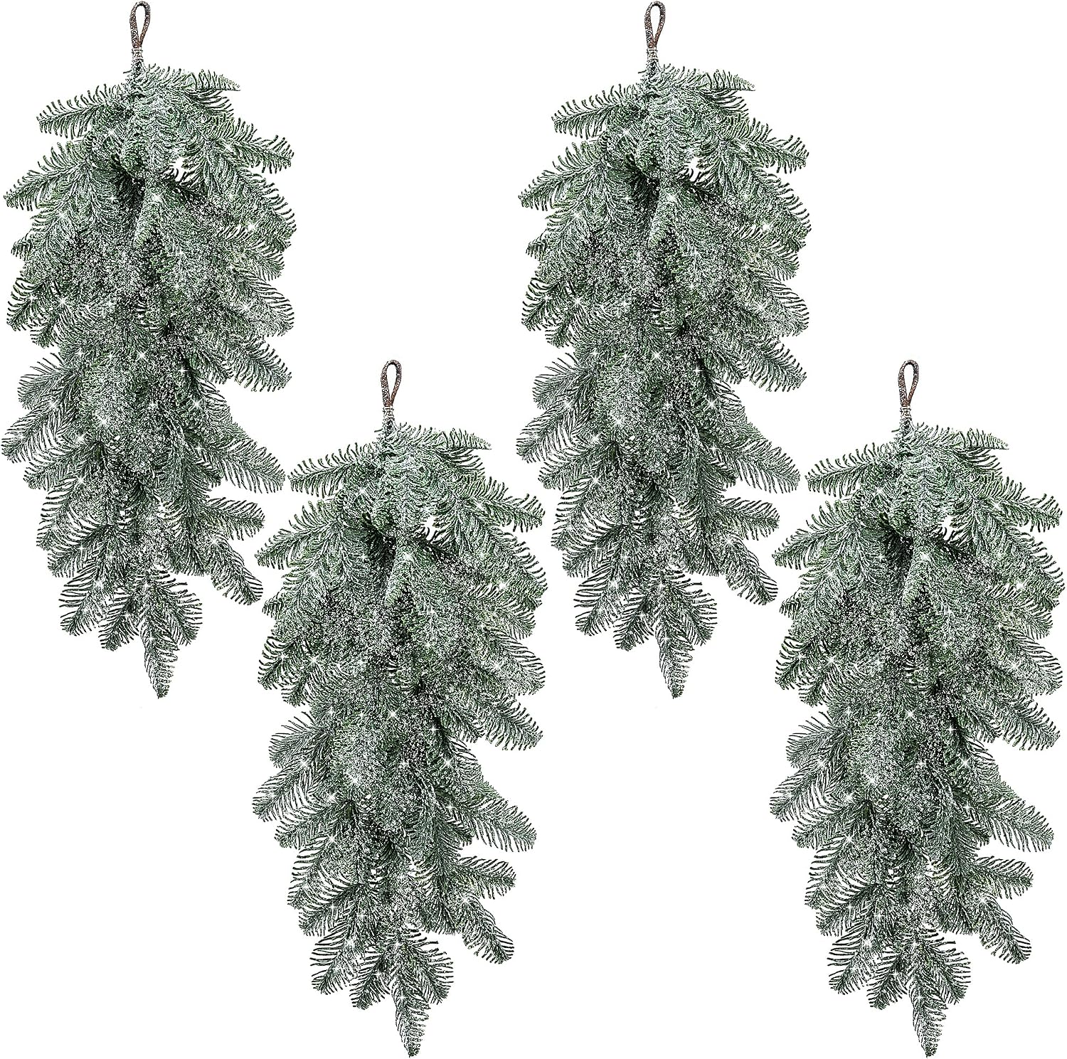 4 Pcs Artificial Christmas Snow Teardrop Swag, 23" Faux Snow Flocked Norfolk Pine Teardrop Door Swag, White Frosted