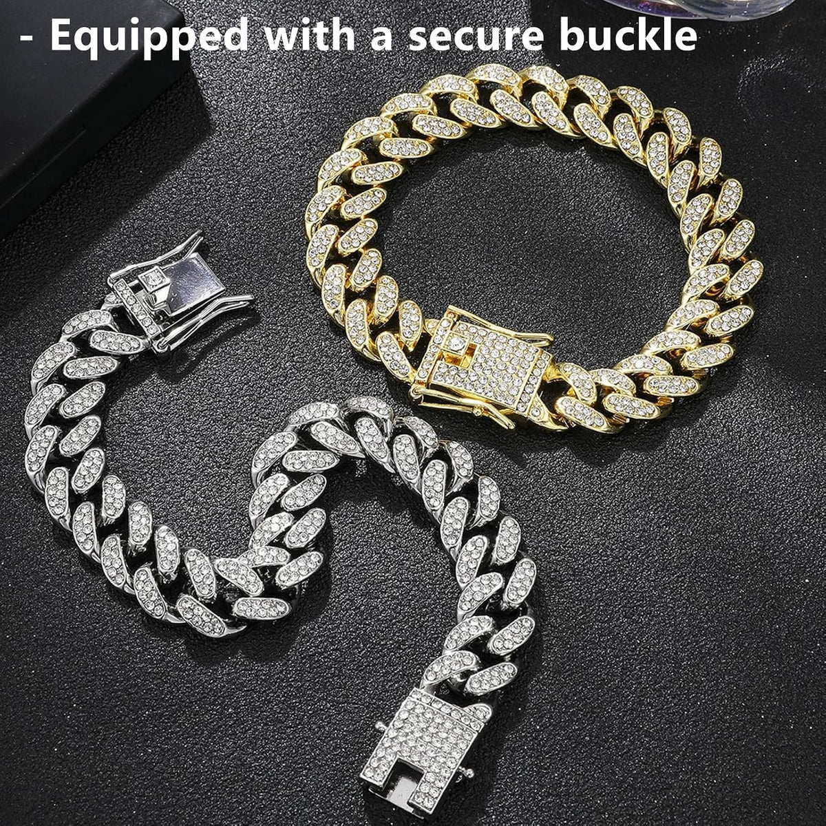Cat Chain Collar, 2 Pcs Diamond Cuban Link Kitten Walking Collar with Secure Buckle Pet Rhinestones Necklace Metal