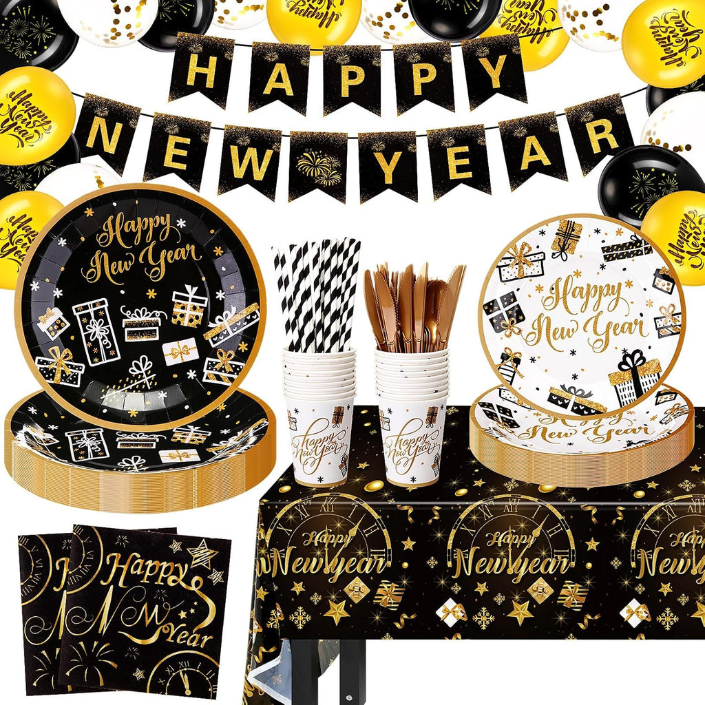 212 Pcs Happy New Years Eve Party Supplies 2026 Set- Black Gold Happy New Year Decorations Kit, Tableware Set 24