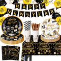 212 Pcs Happy New Years Eve Party Supplies 2026 Set- Black Gold Happy New Year Decorations Kit, Tableware Set 24