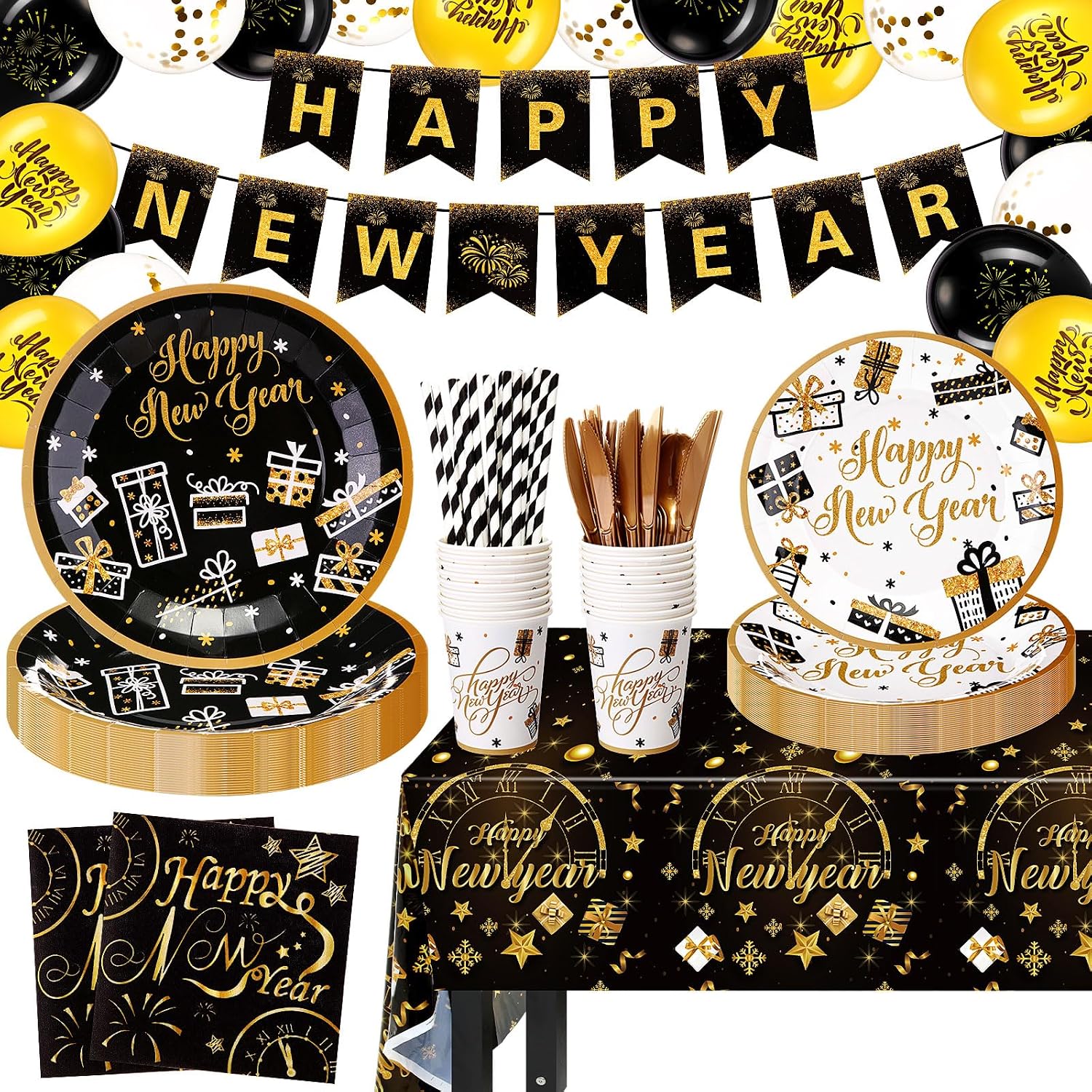 212 Pcs Happy New Years Eve Party Supplies 2026 Set- Black Gold Happy New Year Decorations Kit, Tableware Set 24