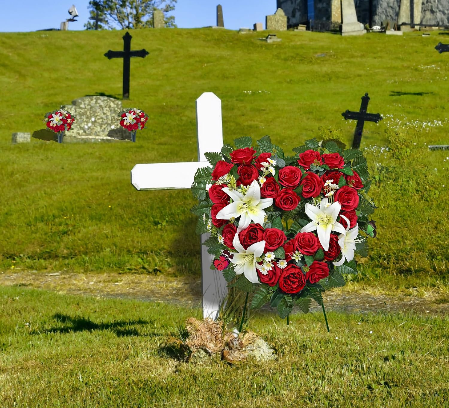 Cemetery Flower - Ebullient Remembrance Standing Heart, Grave Wreath with Easel Stand,Memorial Floral-Red Rose