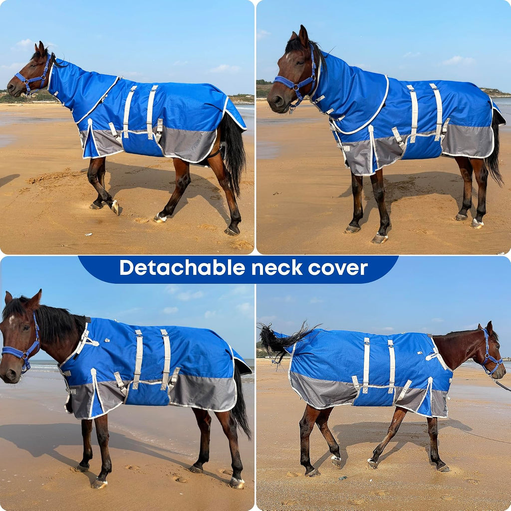 1200D Turnout Horse Blanket with Hood & Band, Medium Weight, Blue/Grey,78IN