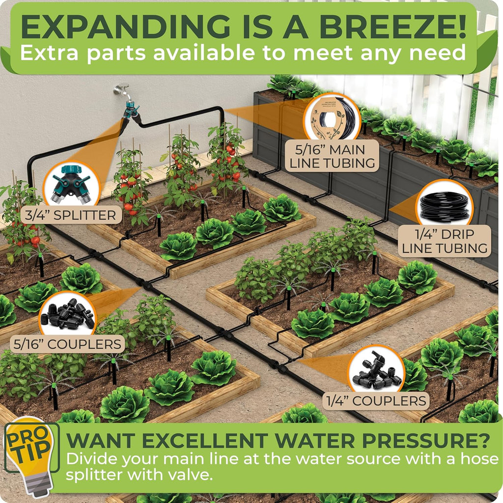 Drip Irrigation System Kit - Complete Quick Connect Garden Watering System with Adjustable Sprinkler Emitters, 5/16"