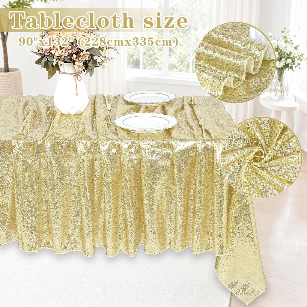 Light Gold Sequin Tablecloth Rectanglar 90" x 132" Glitter Table Cloth