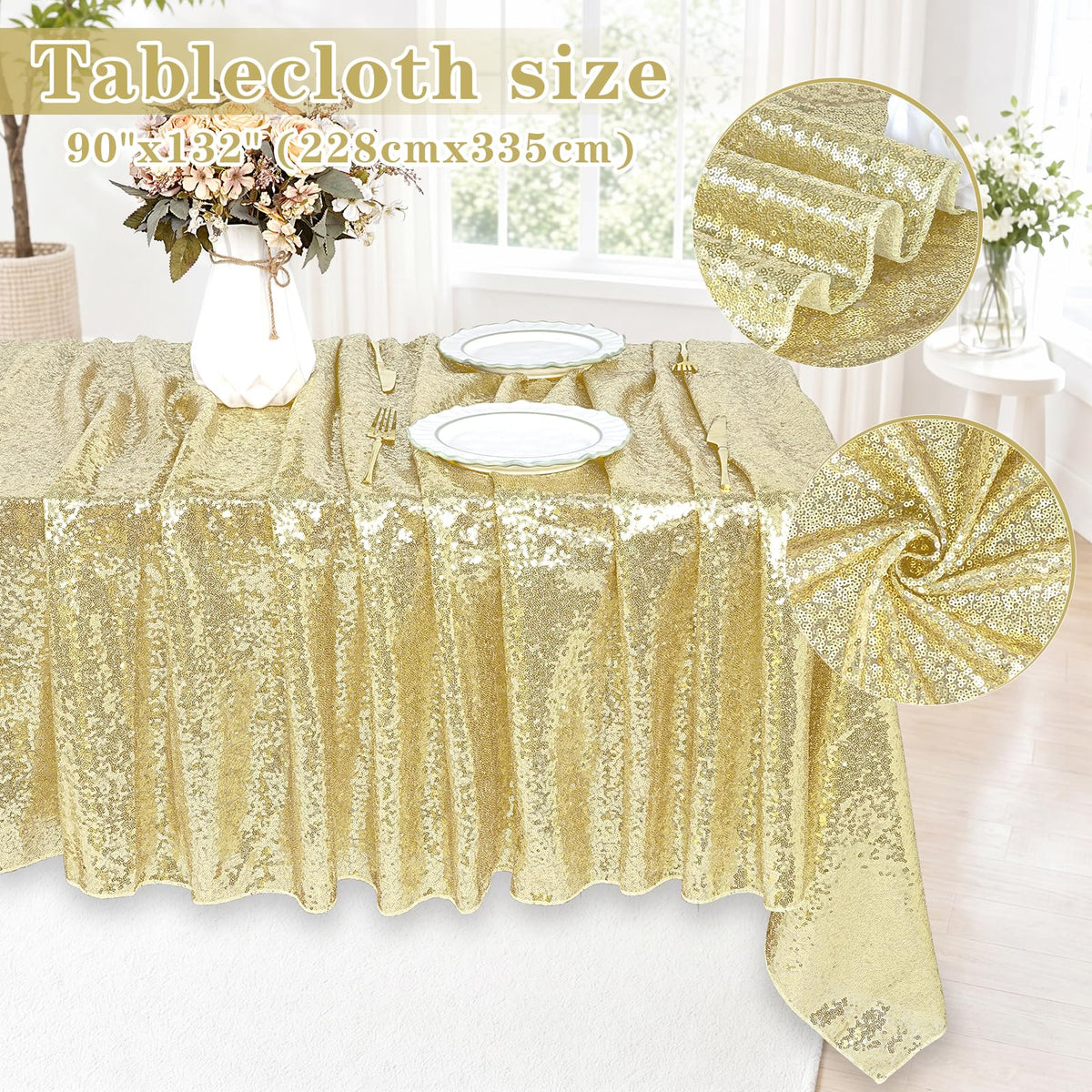 Light Gold Sequin Tablecloth Rectanglar 90" x 132" Glitter Table Cloth
