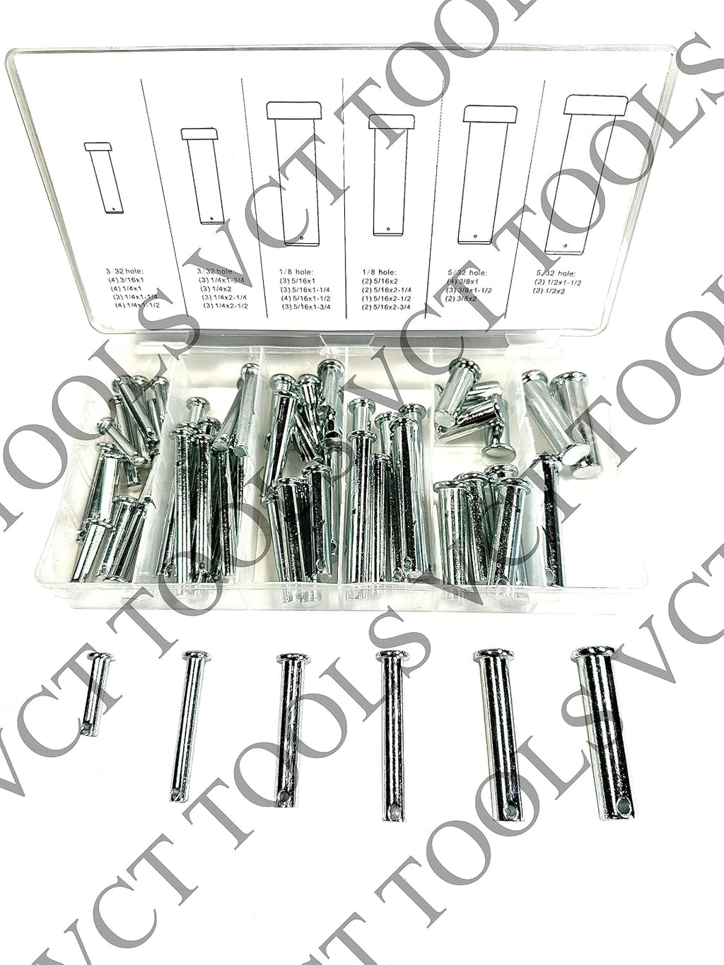 VCT 60pc Clevis Pin W/Head Assortment 21 Different Sizes for Hitch Tractor in Storage Case Kit