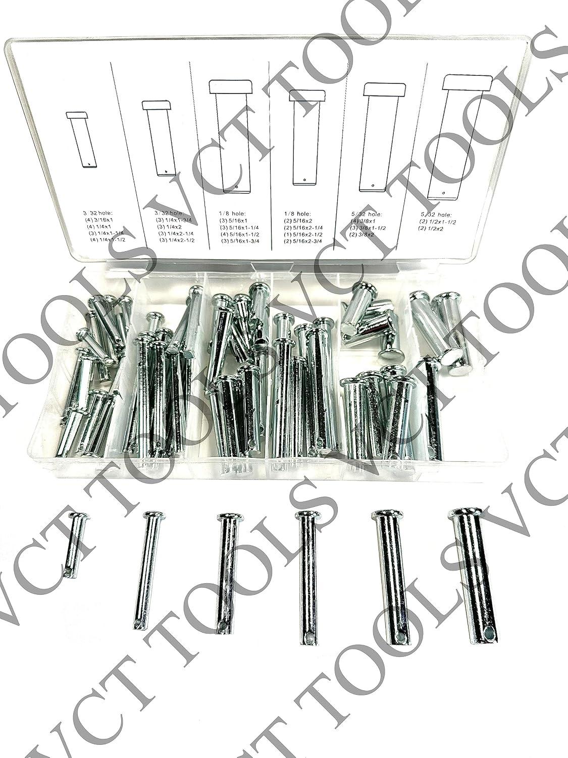 VCT 60pc Clevis Pin W/Head Assortment 21 Different Sizes for Hitch Tractor in Storage Case Kit
