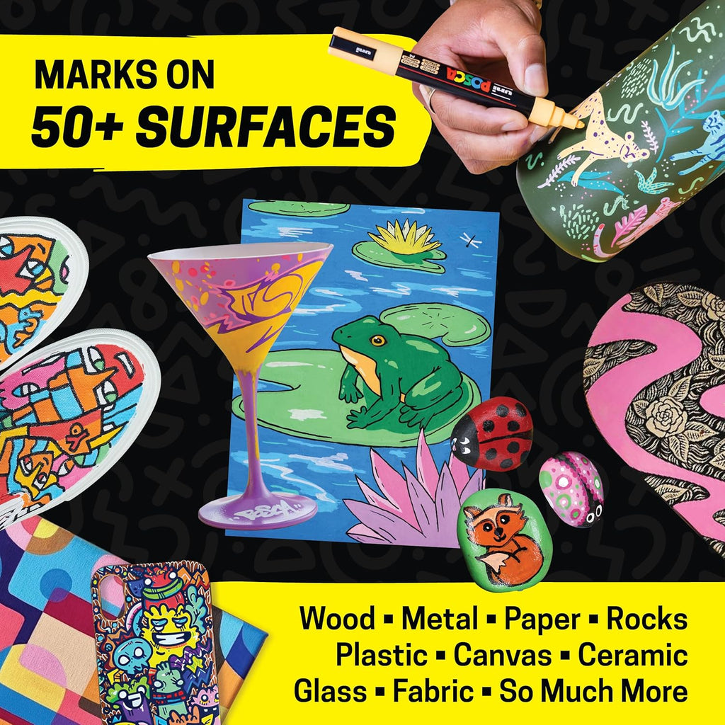 Posca Acrylic Paint Art Markers, Set of 12 Extra Fine Point Thin Paint Pens for Coloring Gifts, Fabric, Metal, Glass