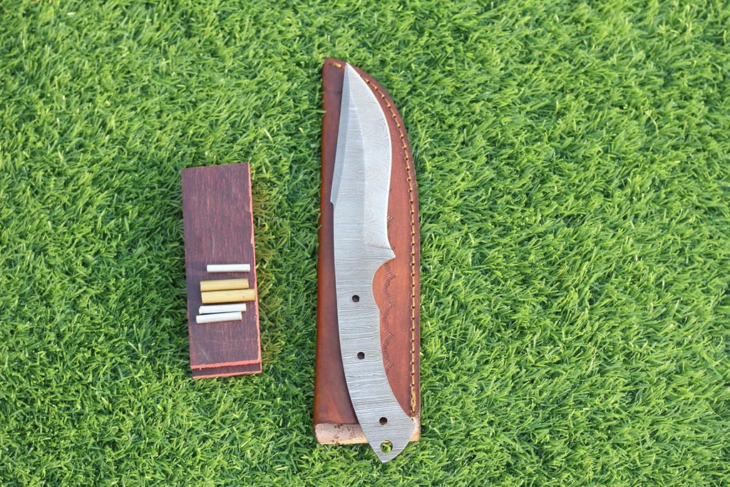 Damascus Steel Knife Making Kit Includes Knife Blade Blank, Pins, Wooden Handle Scales for Knife Making Supplies &