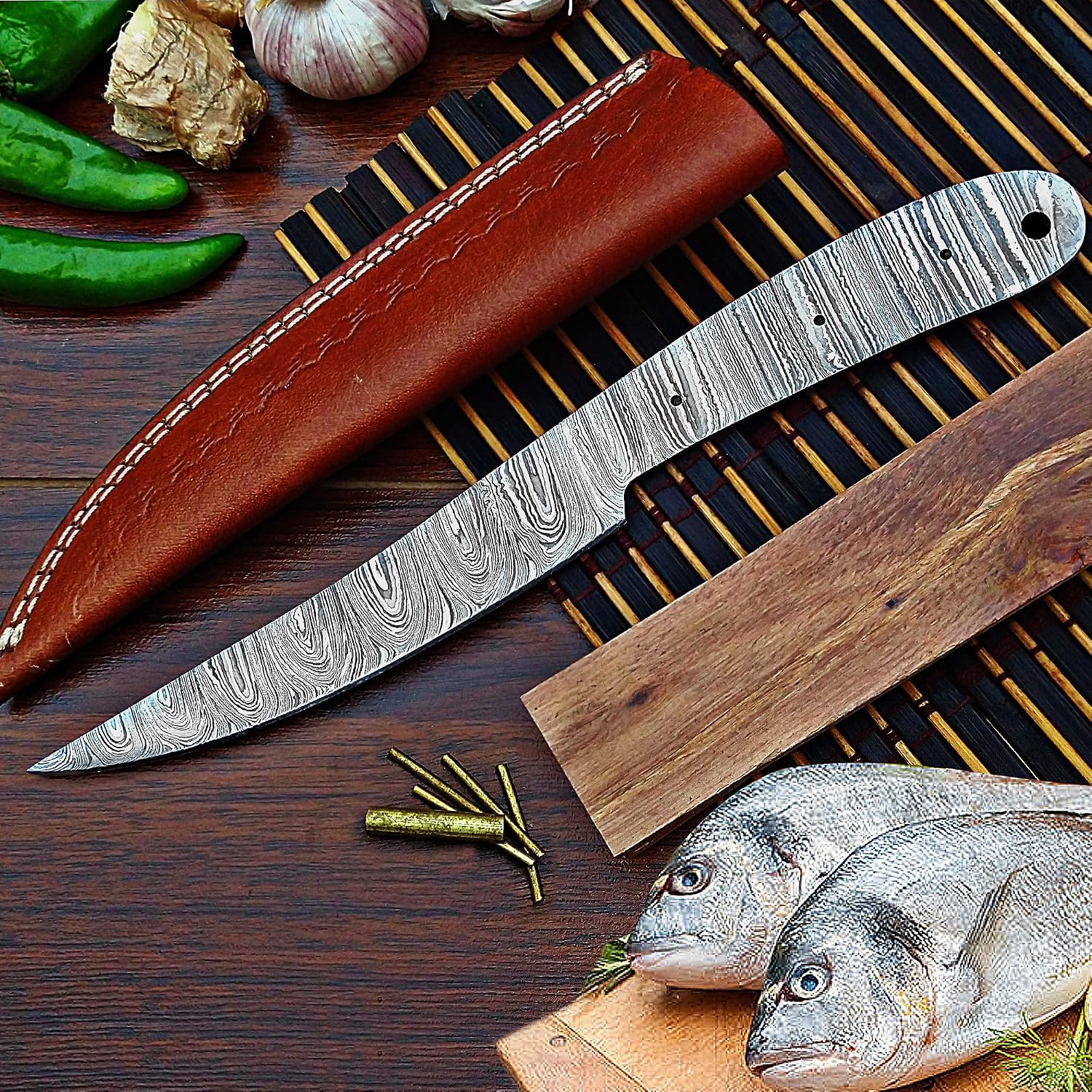 Damascus Steel Fillet Knife Making Kit – DIY Handmade Blank Blade with Rosewood Handle Scales, Brass Pins & Leather
