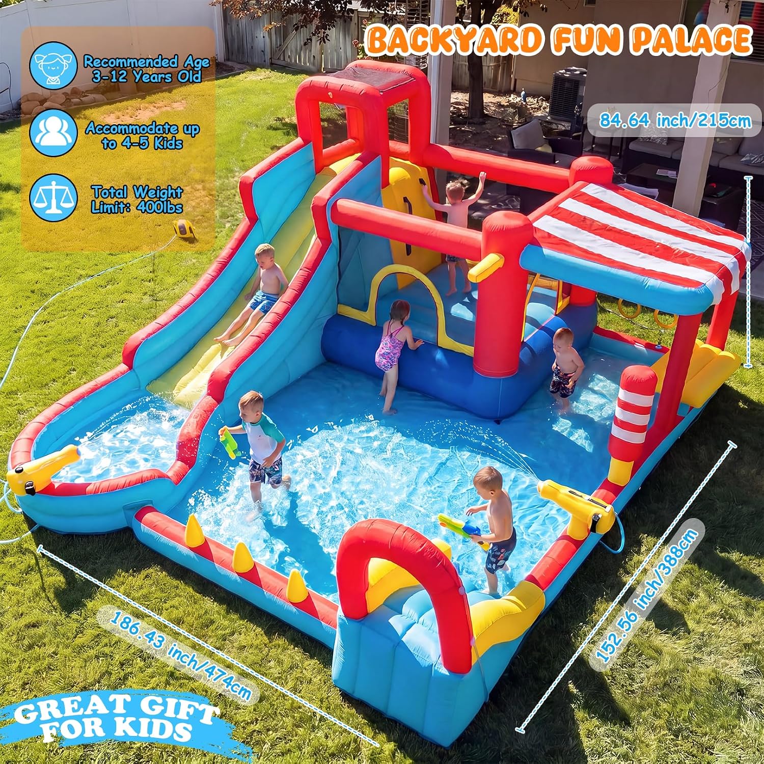 Bounce House Water Slide,18 in 1 Inflatable for Kids | Outdoor Water Park Bouncy House with Dual Slide,Big Splash