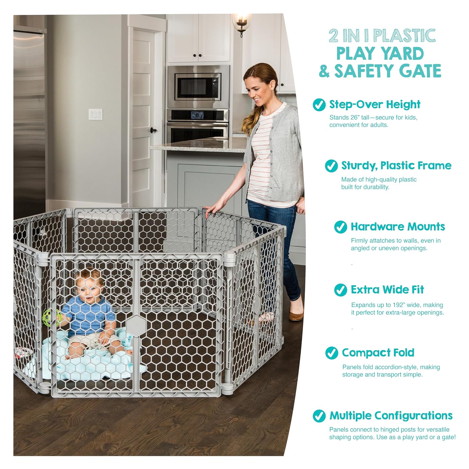Safety 192" Super Wide Baby Gate & Play Yard, 2-in-1 Adjustable Playpen for Babies, Toddlers & Pets, Includes Wall