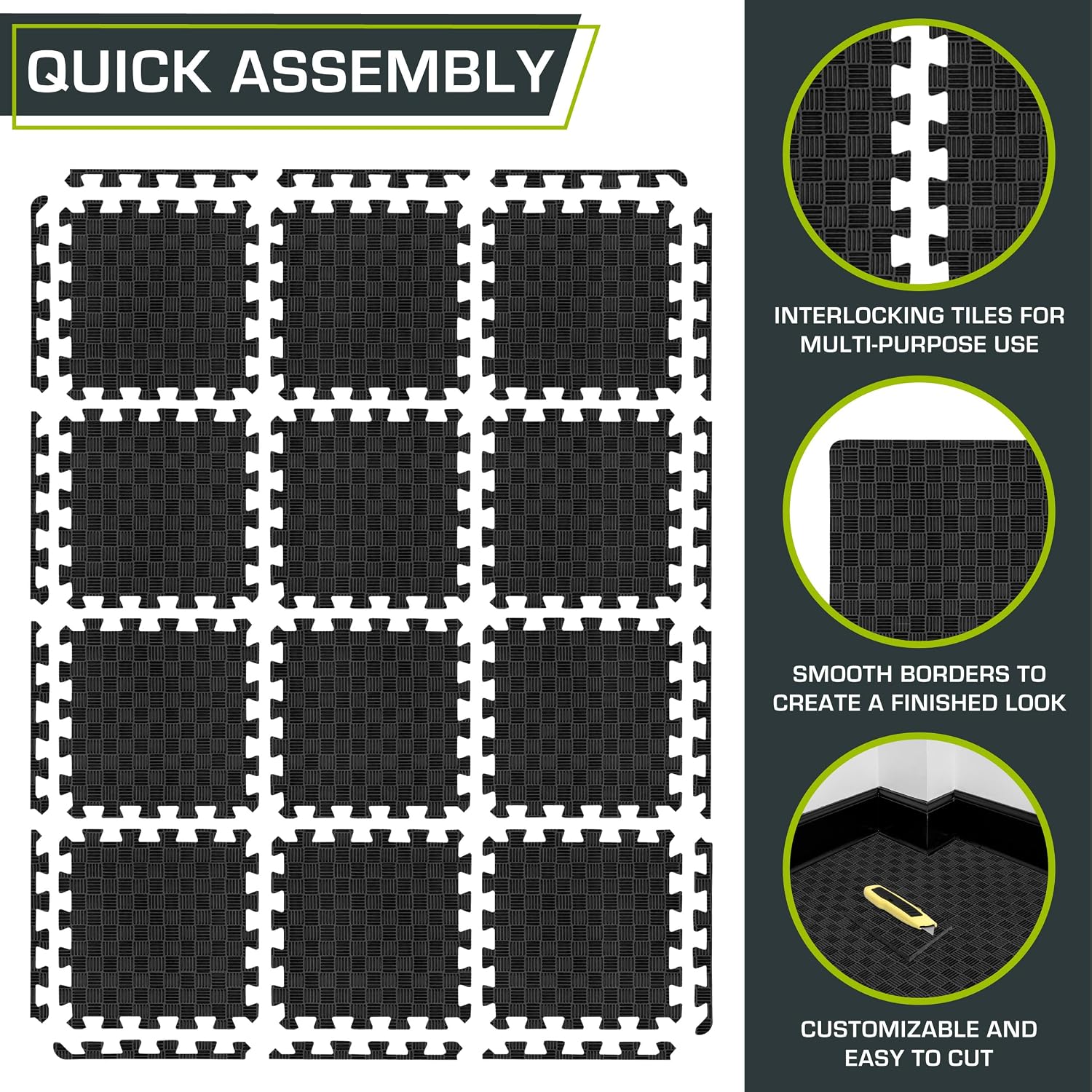 Exercise Puzzle Mat ½-inch, Checkered EVA Foam Floor Tiles w/ Non-Slip Texture, Interlocking Design for Adjustable