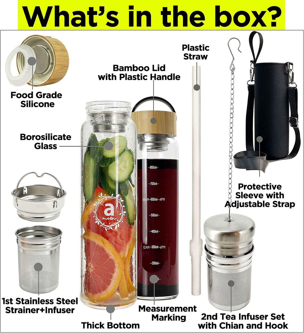 32oz Borosilicate Glass Water Bottle with Bamboo Lid and 2 Tea Infuser Sets for Fruit Infused Water and Cold Brew