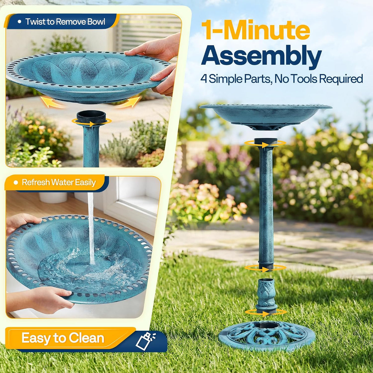 Bird Bath with Solar Fountain for Outside, Pedestal, Blue