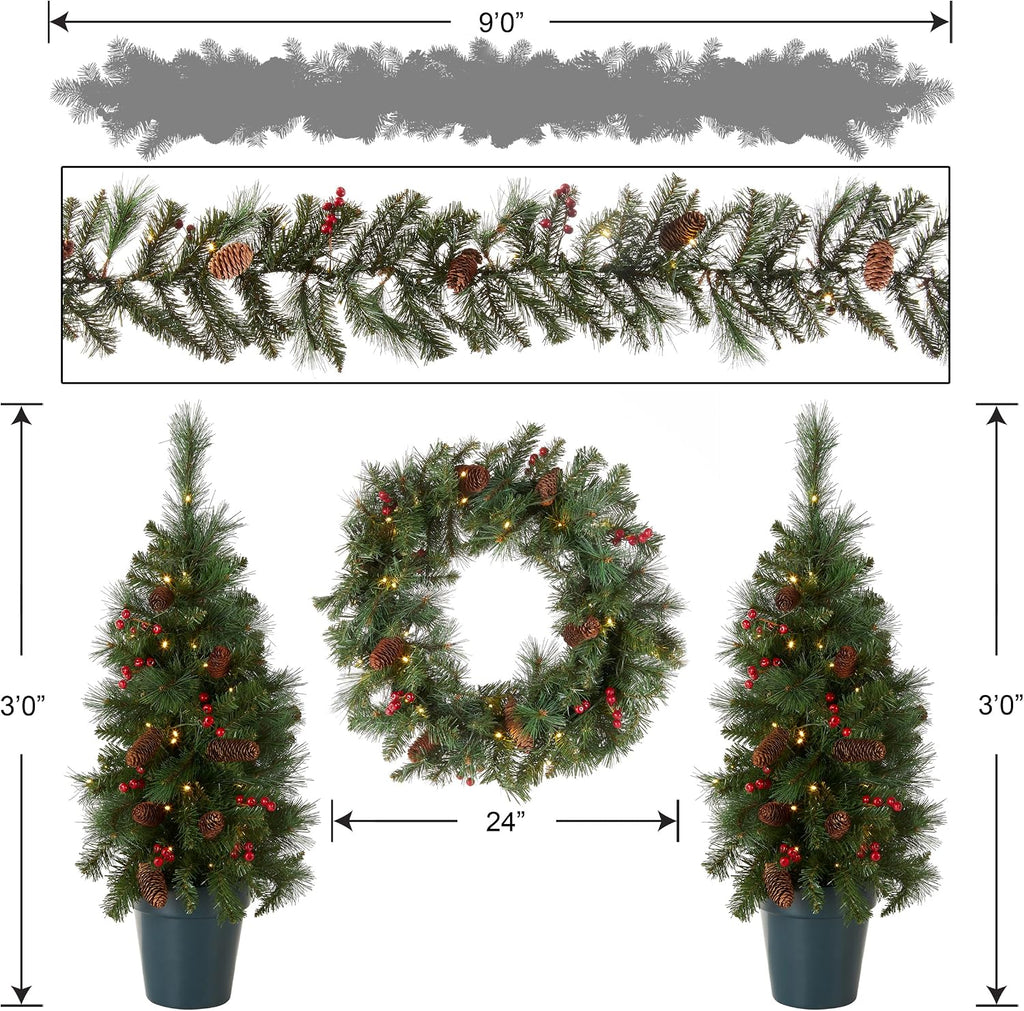 Pre-Lit Everyday Collection Christmas Decoration Set | LED Lights, Includes 2 Mini Christmas Trees,1 Wreath, And 1