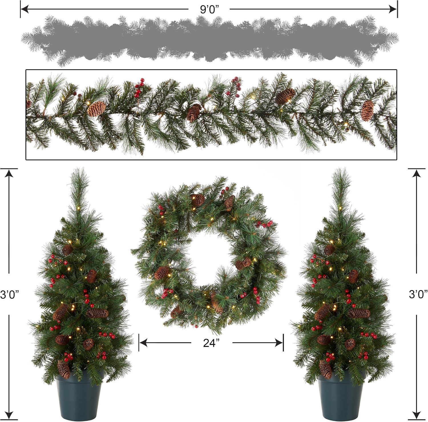 Pre-Lit Everyday Collection Christmas Decoration Set | LED Lights, Includes 2 Mini Christmas Trees,1 Wreath, And 1
