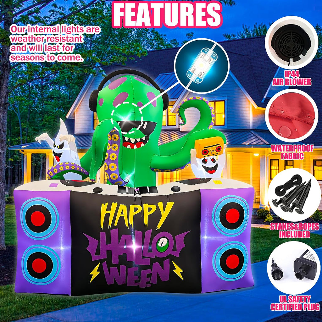 Halloween Inflatables,6FT DJ Octopus Playing Music on Turntables with Ghost Decoration Built-in LEDs Blow Up Yard