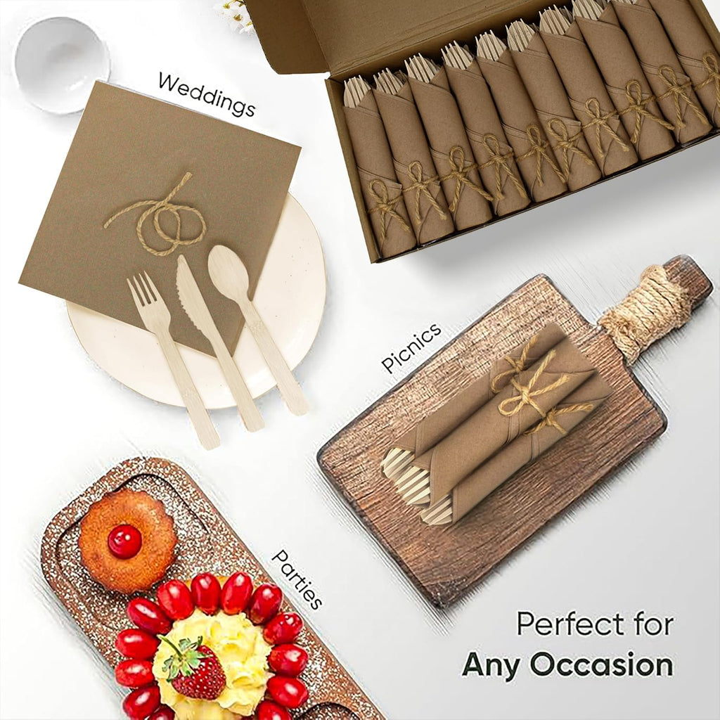 Brown Pre Rolled Napkin and Bamboo Cutlery Set (30 Pack, 120 PCS)