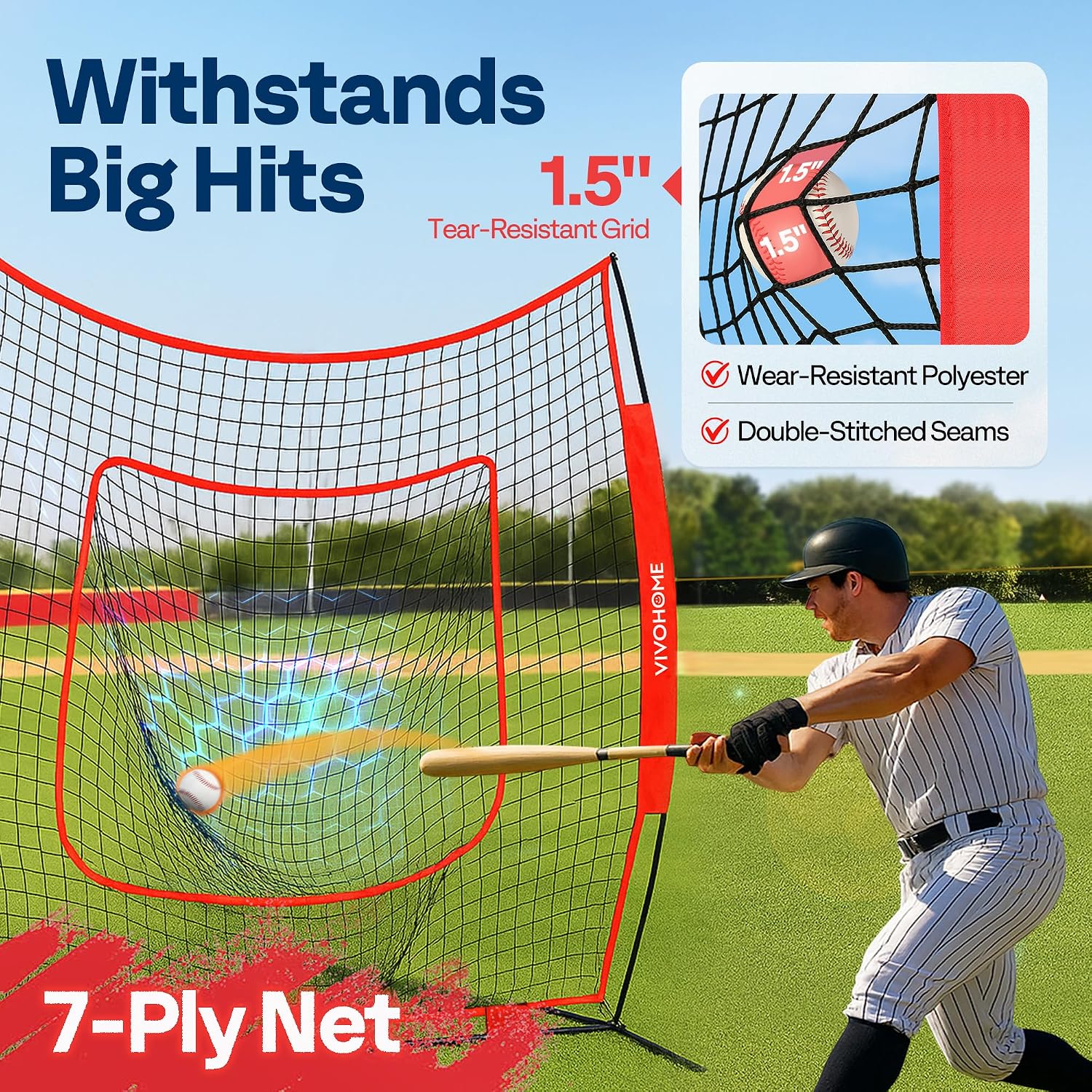 Baseball & Softball Training Net with Batting Tee, 7 x 7 ft. | Height-Adjustable Tee, Aluminum Frame, Large Sock Net