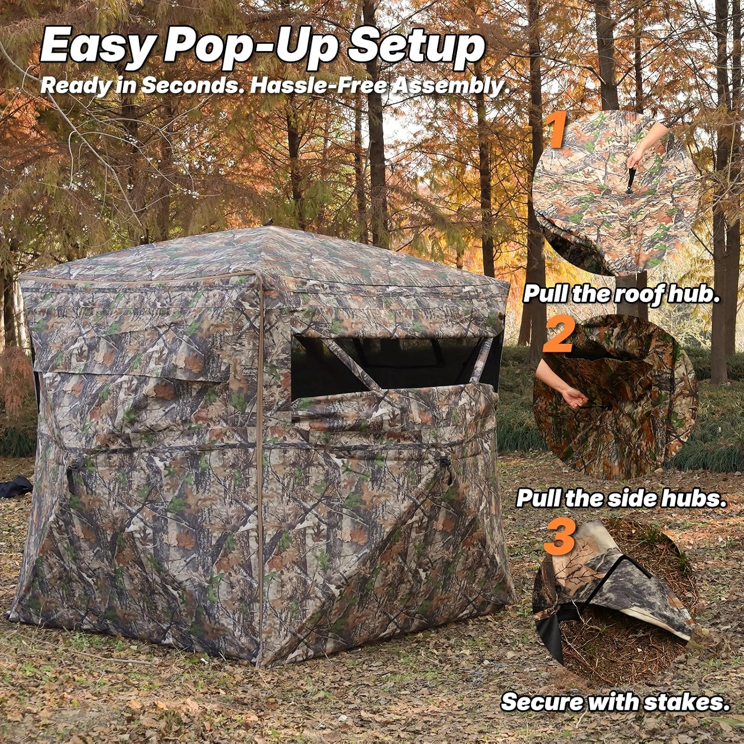 Hunting Blind 360 Degree See Through, 2/3/4 Person Pop Up Ground Blind for Deer and Turkey, Portable Camouflage Tent