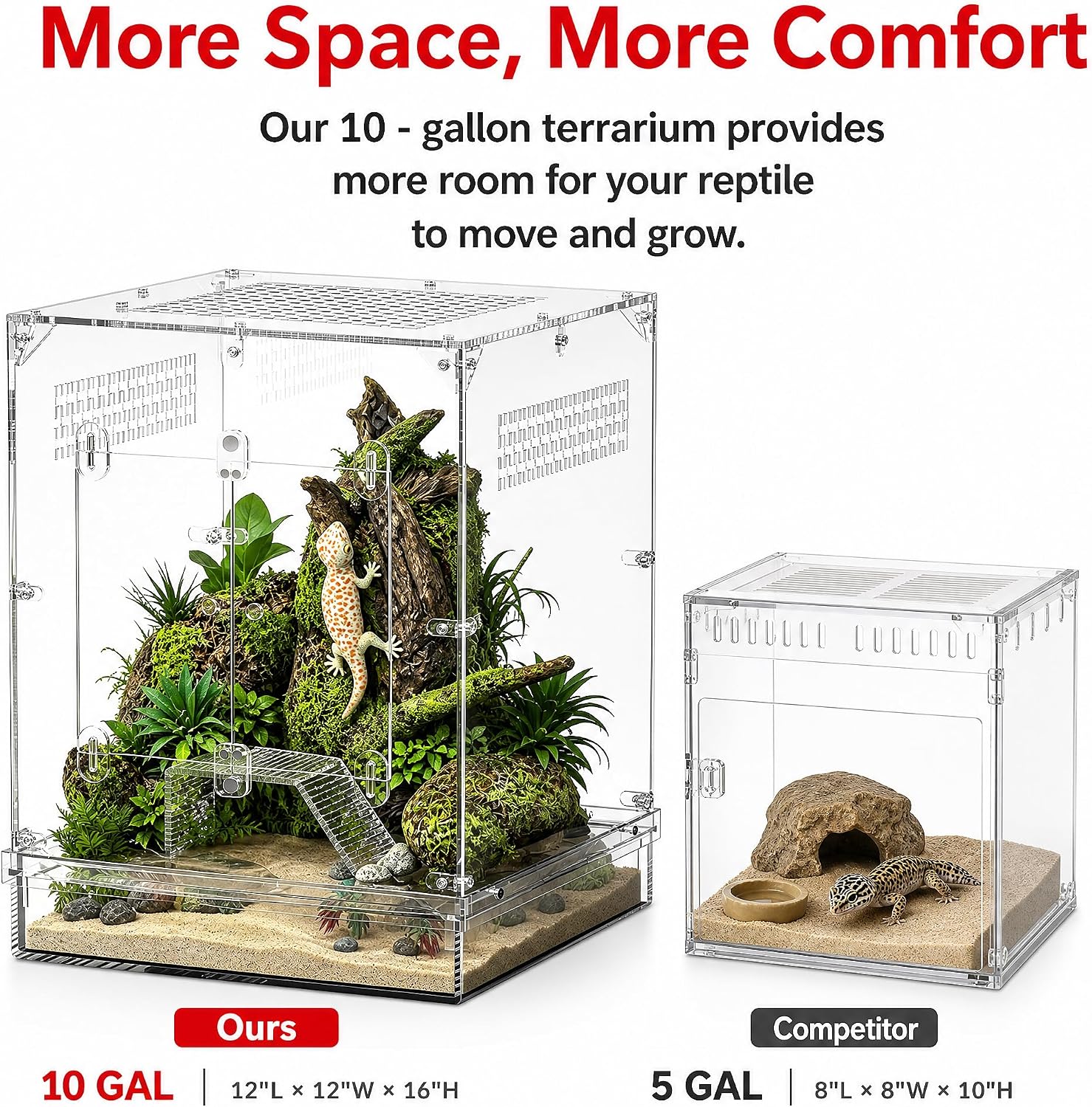 12x12x16 Acrylic Reptile Terrarium, Large Reptile Enclosure with Watertight Bottom, 10 Gallon Clear Reptile Tank with