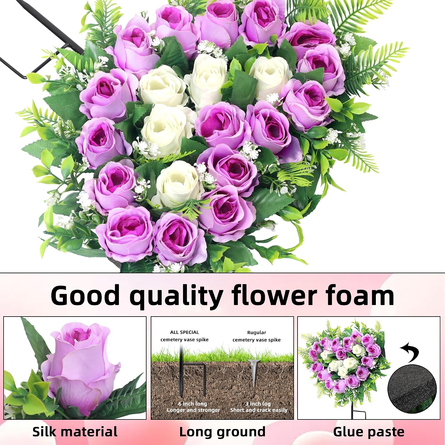 2 Sets Artificial Cemetery Flowers, Grave Memorial Flowers with Ground Spike,Heart Shaped Wreaths Rose Flowers for