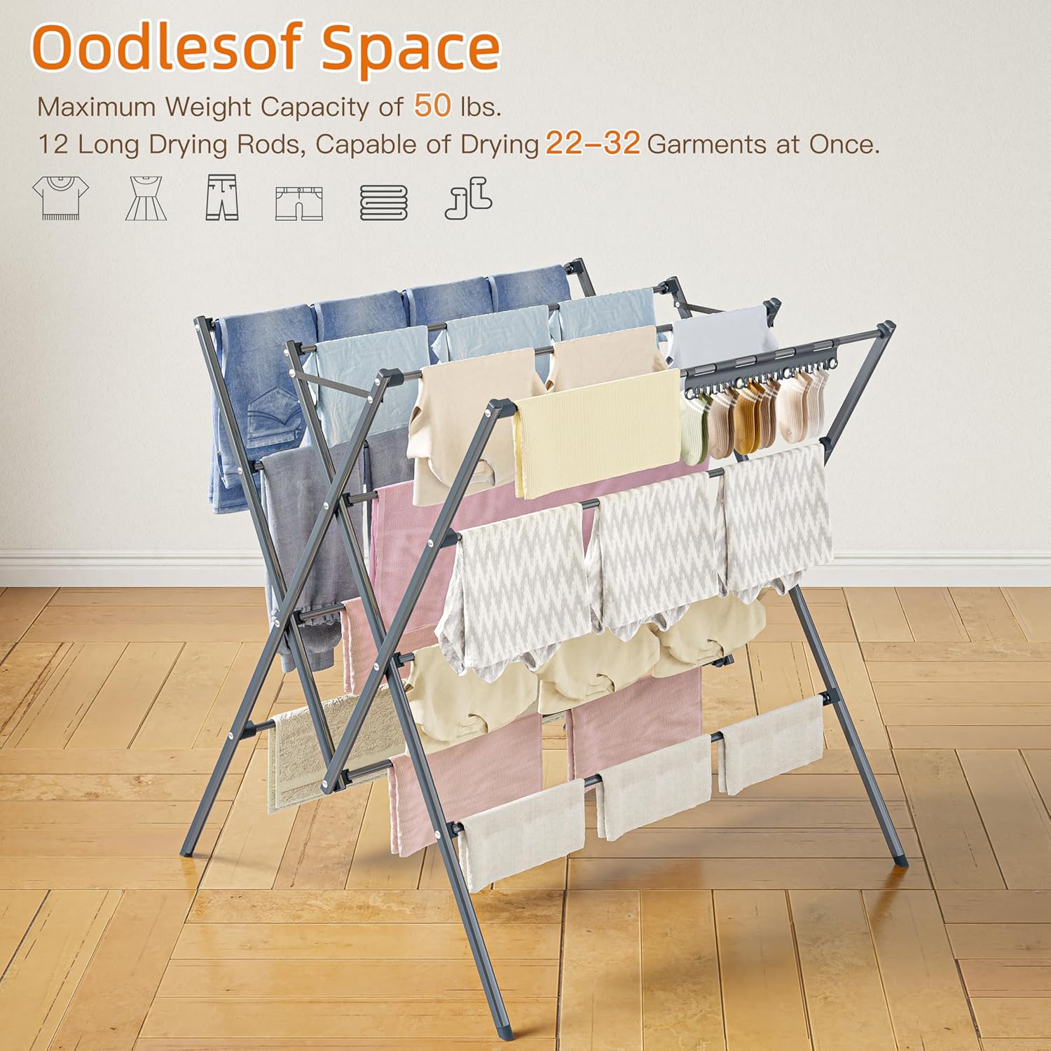 Drying Rack Clothing,12 Drying Poles with Sock Clips Clothes Drying Rack | Foldable Portable Laundry Drying Rack for