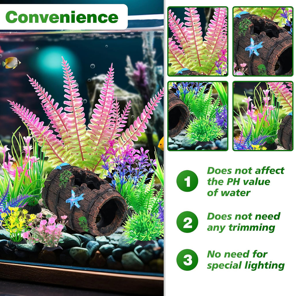 11 Aquarium Plants & Fish Tank Broken Barrel Cave Decorations Set | Broken Barrel Cave and Soft Artificial Plastic