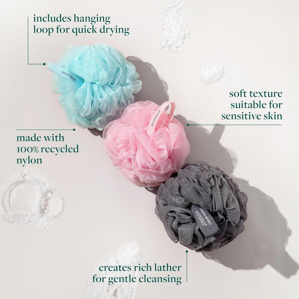 EcoPouf 3 Pack Bath Sponge Set, Soft Recycled Netting Shower Poufs for Gentle Exfoliating & Daily Body Cleansing