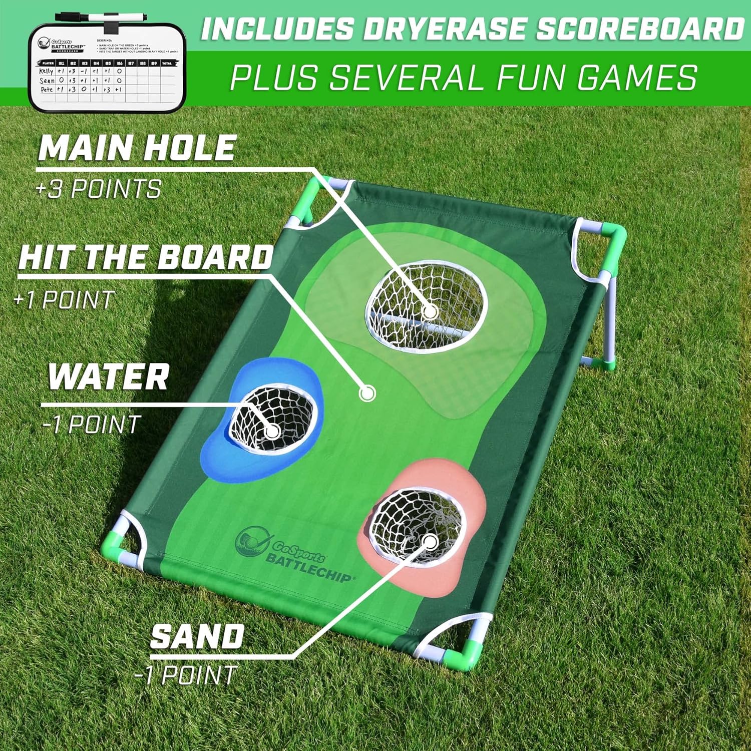 BattleChip Backyard Golf Cornhole Games – Includes Targets, Chipping Mats, Foam Golf Balls, Scorecard and Carry Case