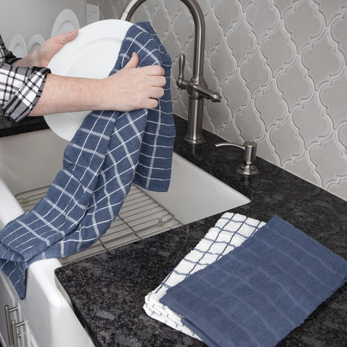 Premium 100% Cotton Terry Check Kitchen Dish Towels - Highly Absorbent, Super Soft, Long-Lasting, 25"x15", 3-Pack