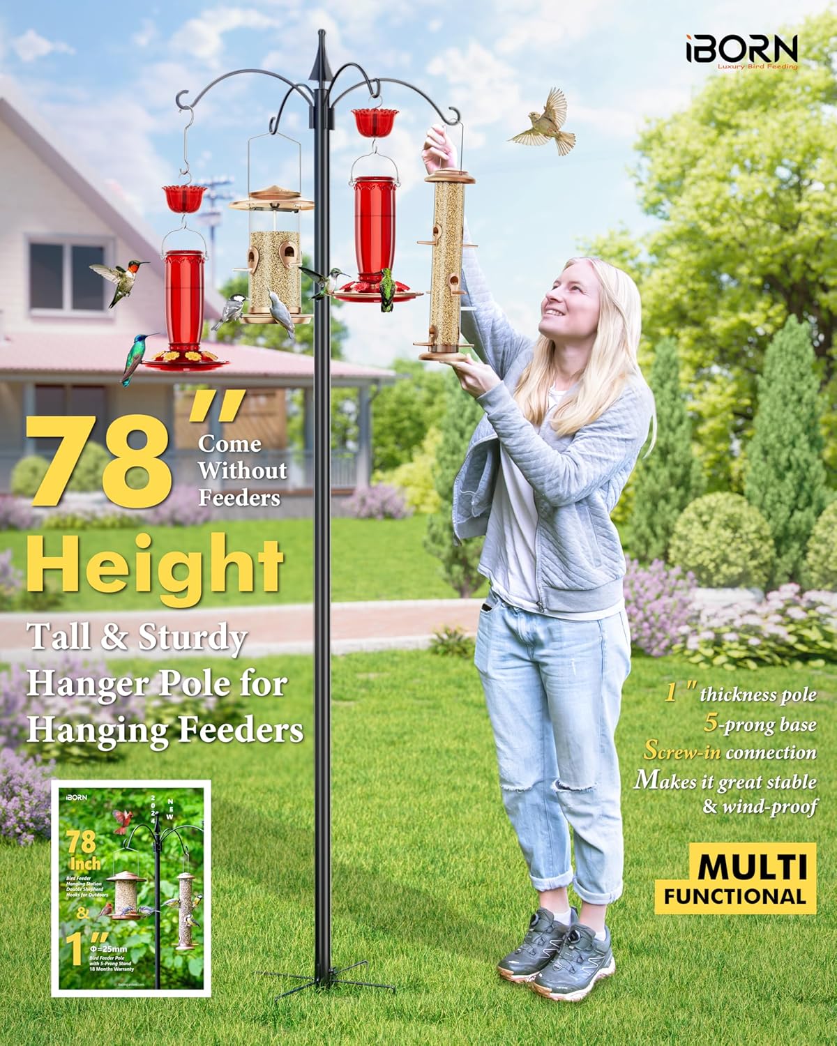 Bird Feeders Hanging Station 78Inch Wild Bird Feeding Station Pole Stand Outdoors Heavy Duty,1Inch Thickness Pole,4