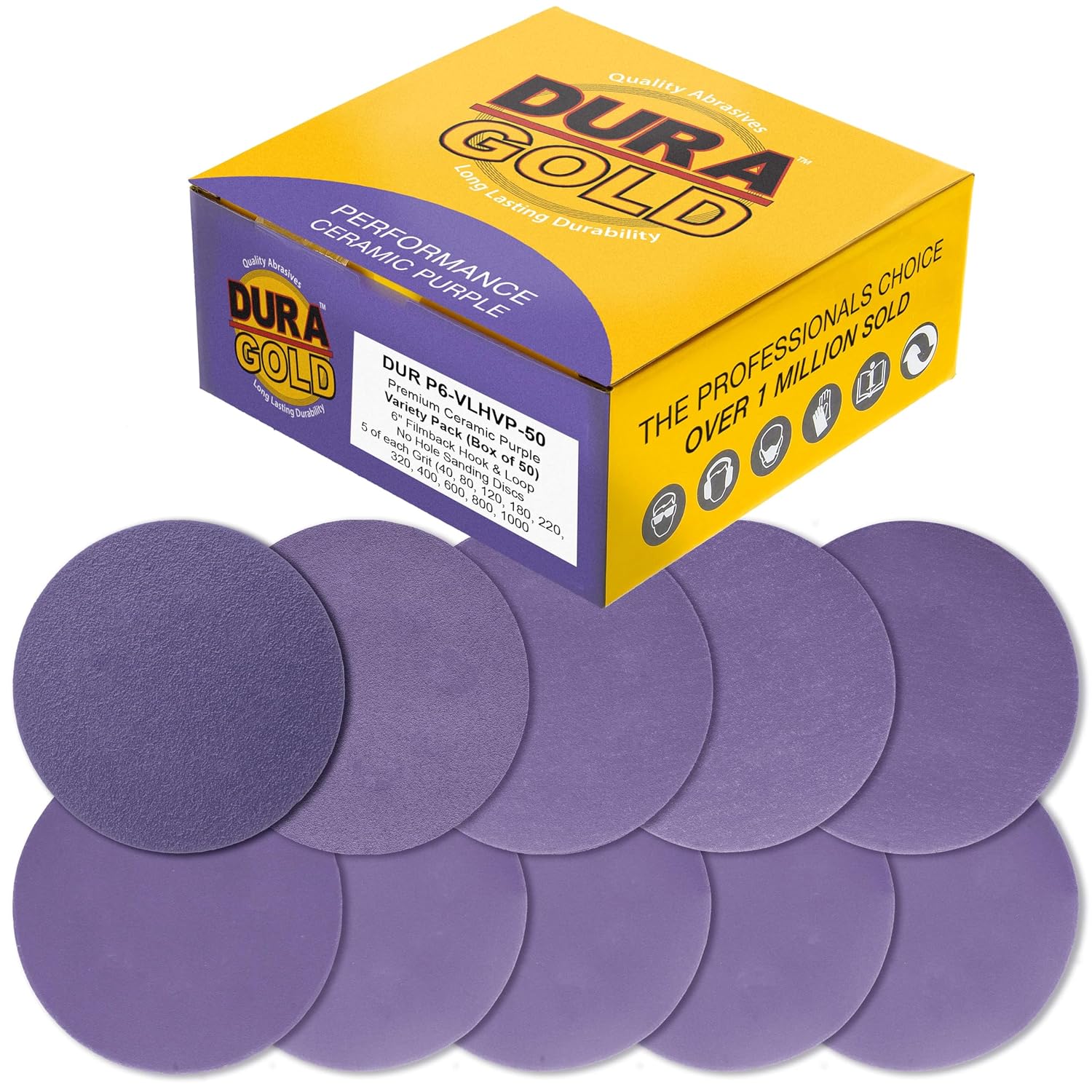 Premium 6" Purple Film Ceramic Sanding Discs, 50 Disc Variety Pack, Grits 60, 80, 120, 180, 220, 320, 400, 600, 800